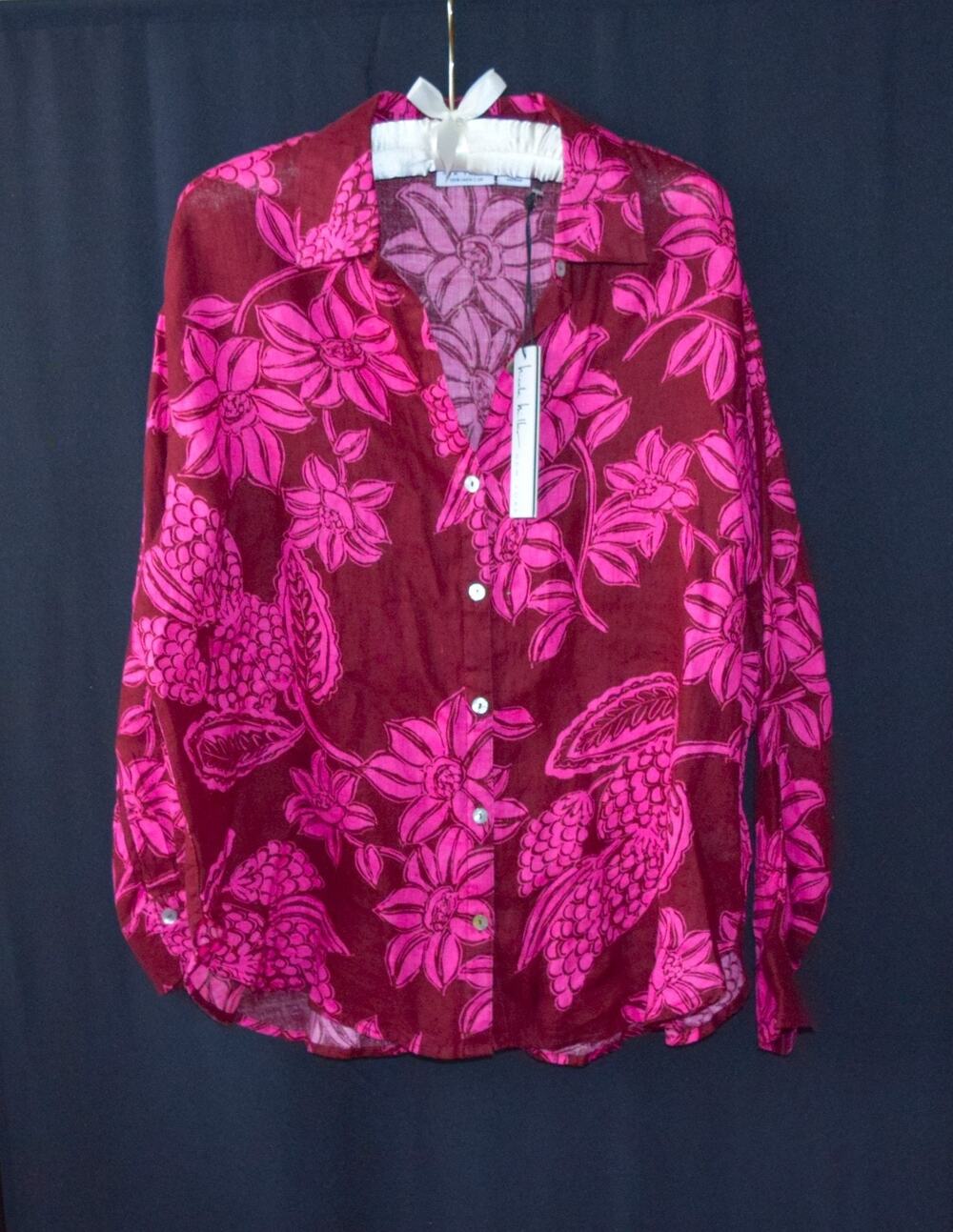 Nicole Miller New York Linen Shirt M NWT Burgundy Pink Floral 100% Linen Blouse